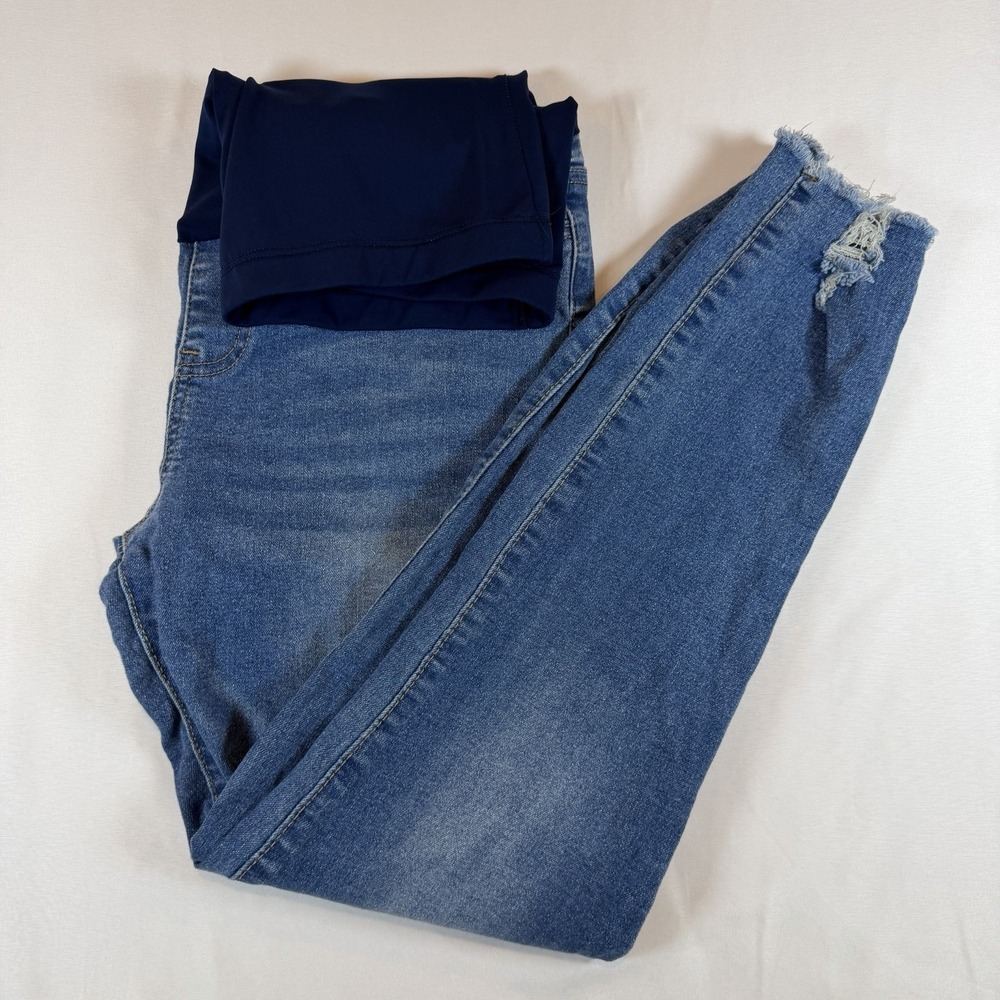 SHEIN Maternity Skinny Jeans Medium Wash Distressed Raw Hem Size S 4